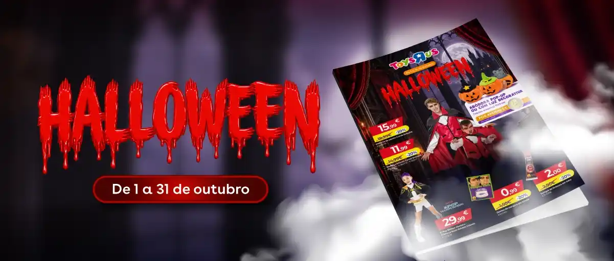 Folheto de Halloween Toys“R”Us: disfarces, acessórios e descontos
